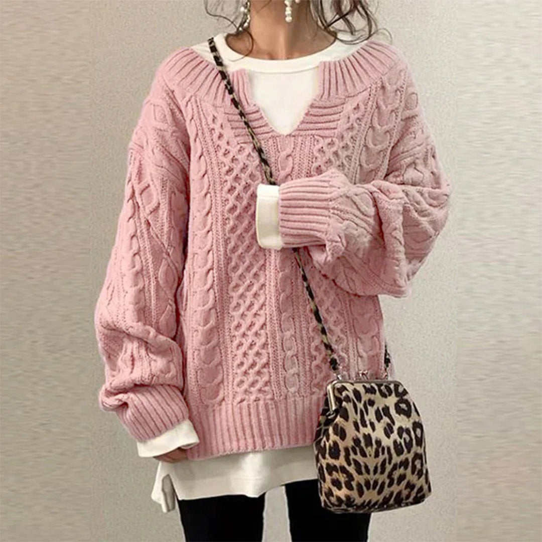 Pull pour femme automne torsadé oversize en coton mélangé avec col rond Noémie
