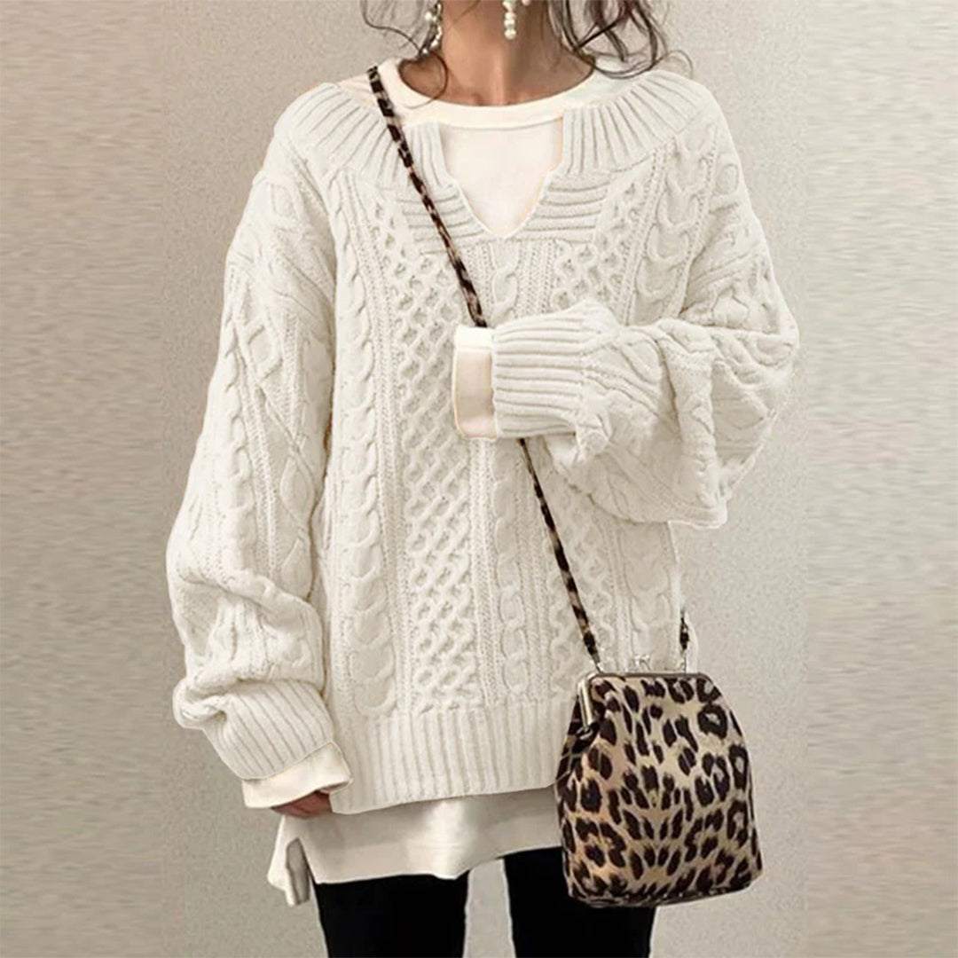 Pull pour femme automne torsadé oversize en coton mélangé avec col rond Noémie