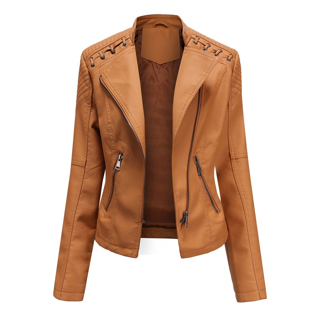Veste en similicuir souple pour femme automne à col montant à coupe droite Romane