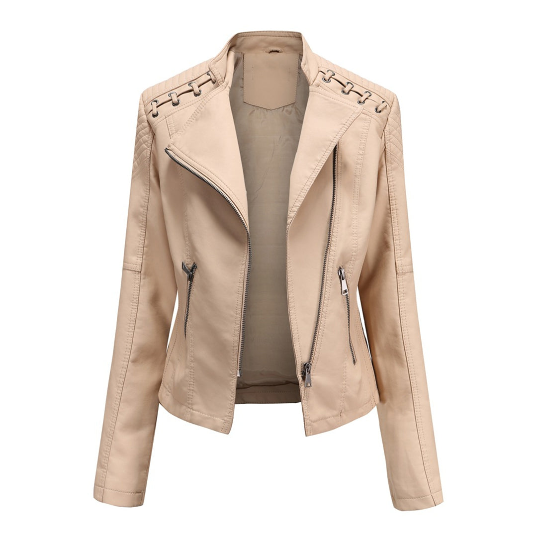 Veste en similicuir souple pour femme automne à col montant à coupe droite Romane