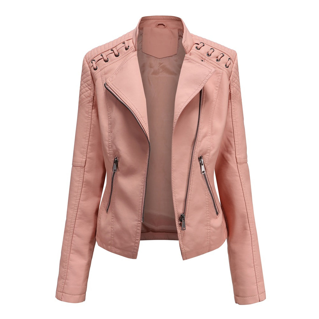 Veste en similicuir souple pour femme automne à col montant à coupe droite Romane