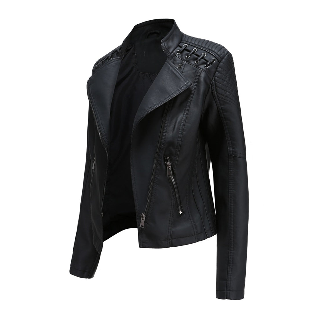 Veste en similicuir souple pour femme automne à col montant à coupe droite Romane