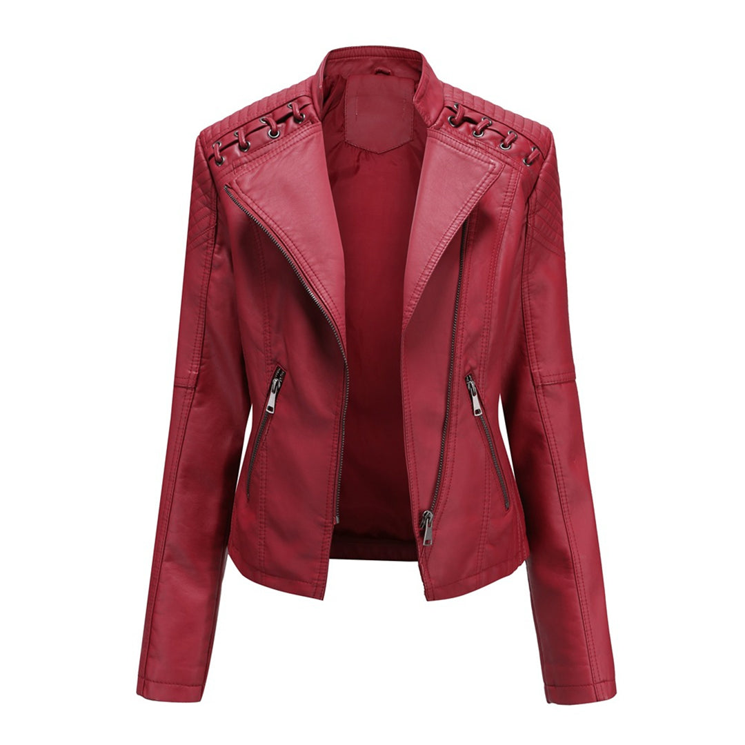 Veste en similicuir souple pour femme automne à col montant à coupe droite Romane