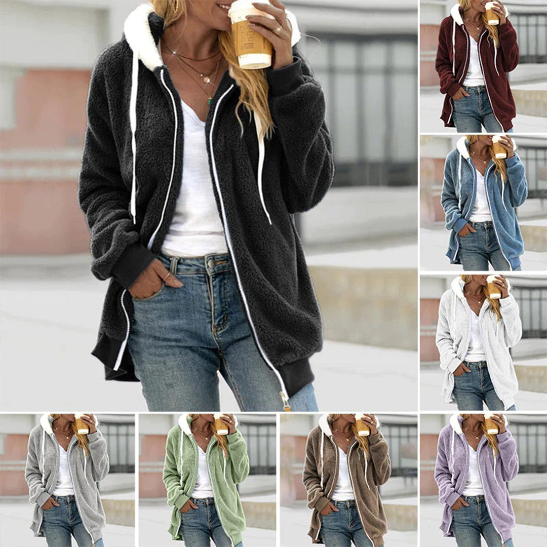 Veste zippée pour femmes automne chaude douce en polaire effet peluche avec capuche Clara