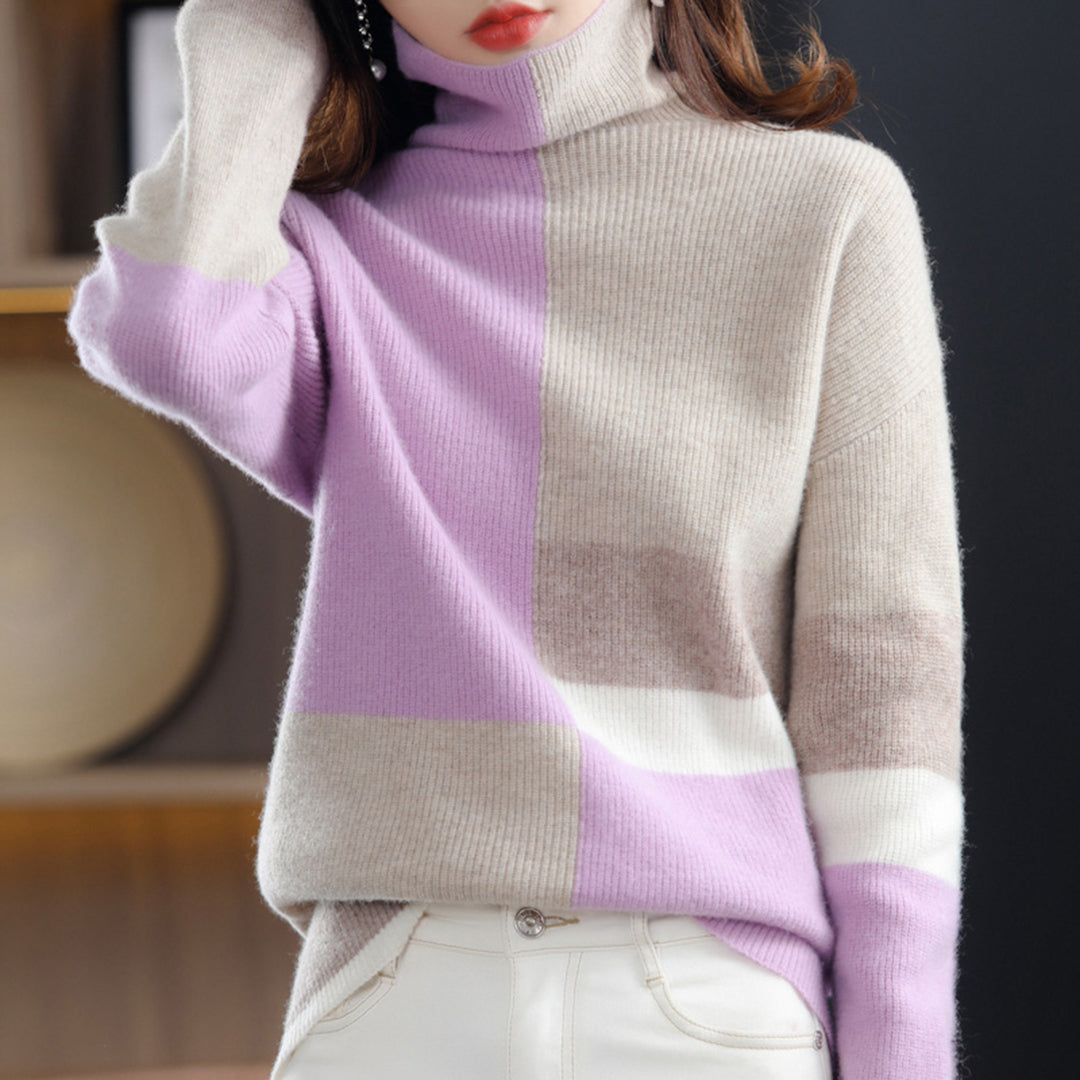 Pull pour femme automne doux colorblock en laine avec col roulé Élina