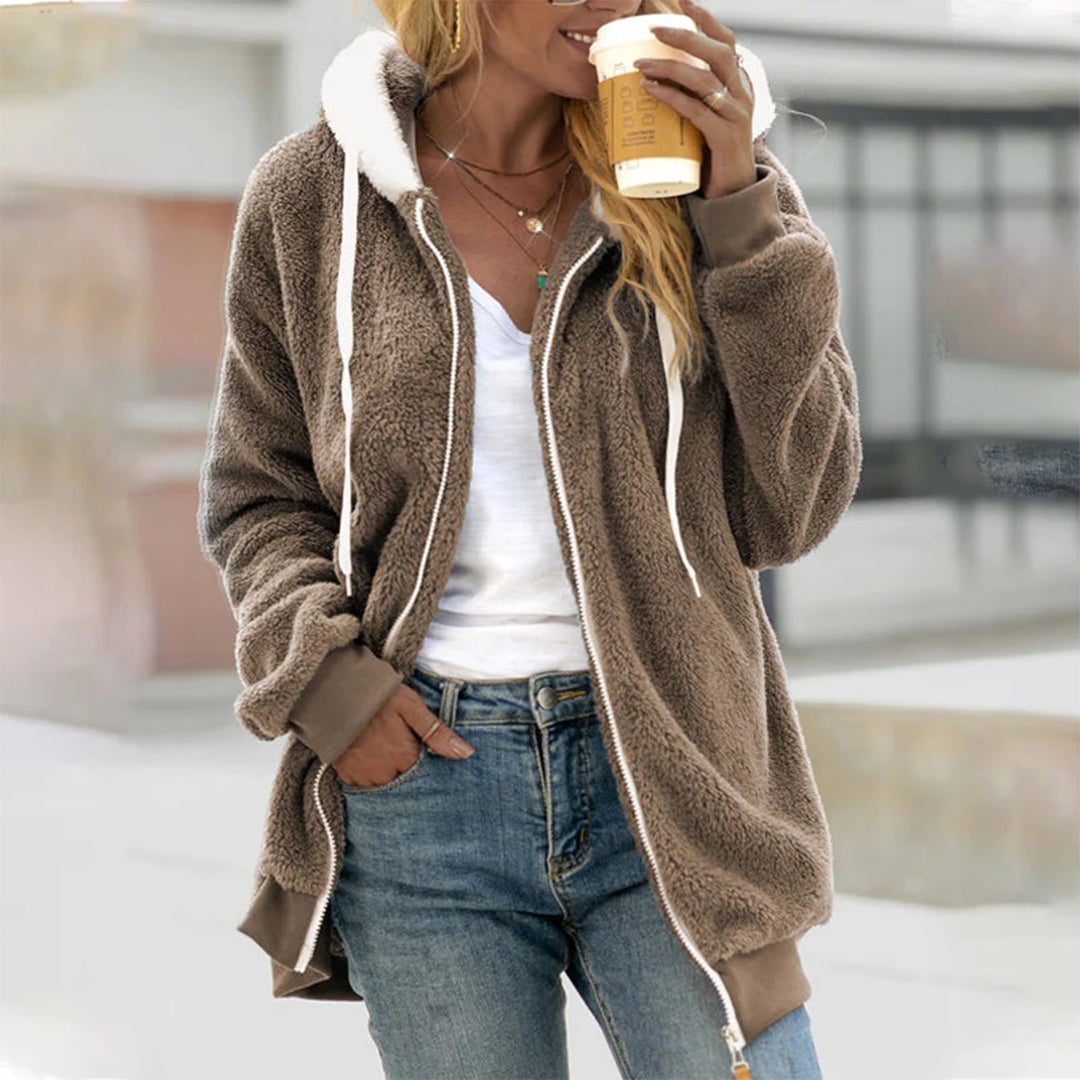 Veste zippée pour femmes automne chaude douce en polaire effet peluche avec capuche Clara