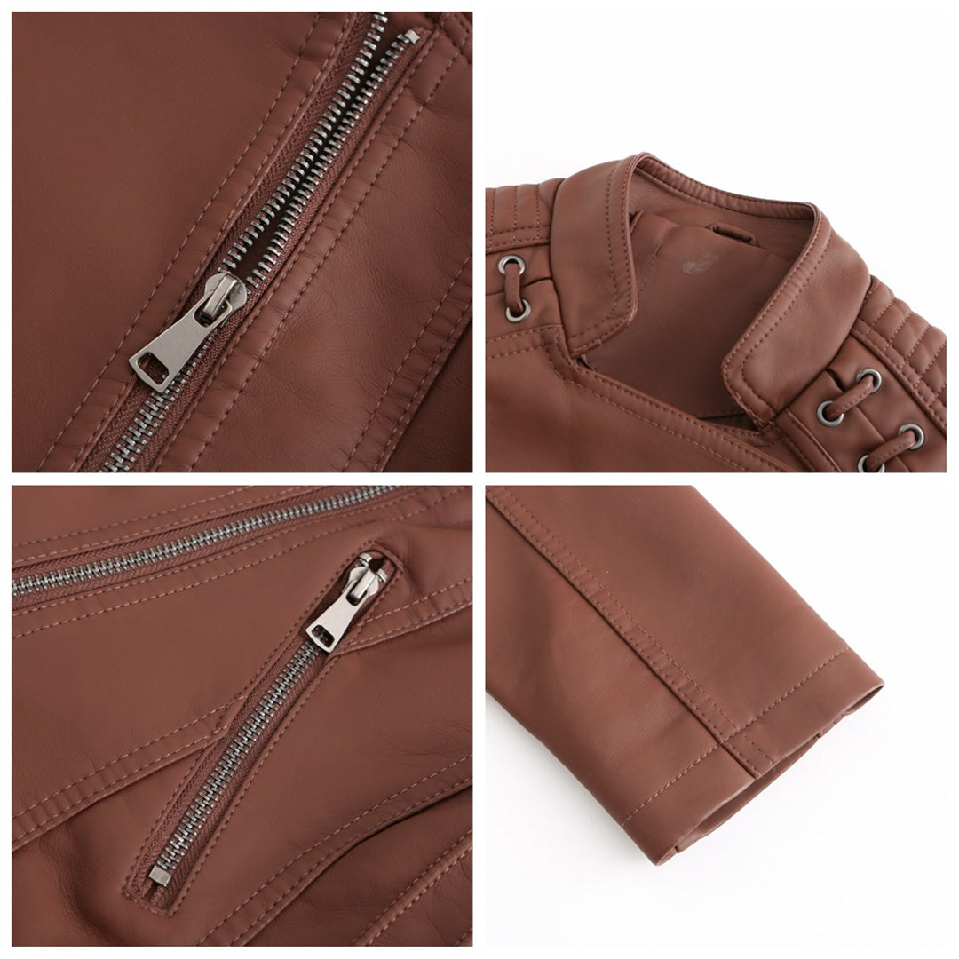 Veste en similicuir souple pour femme automne à col montant à coupe droite Romane