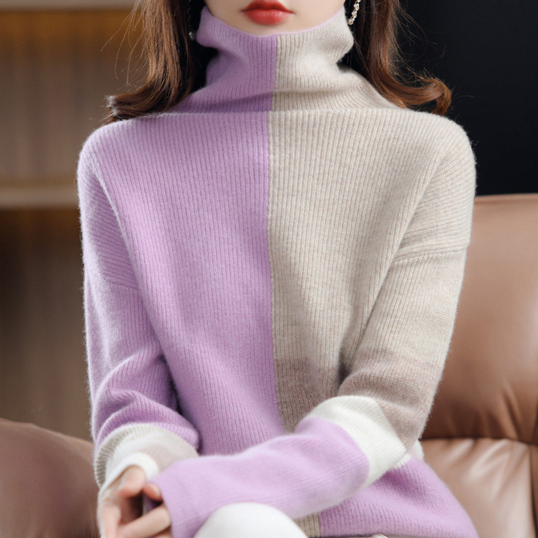 Pull pour femme automne doux colorblock en laine avec col roulé Élina