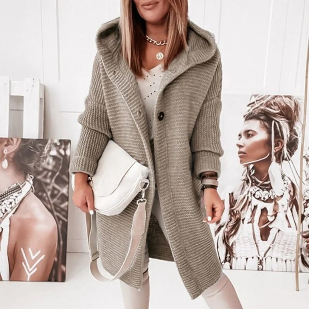 Cardigan pour femmes automne long confortable en maille épaisse avec capuche Emma