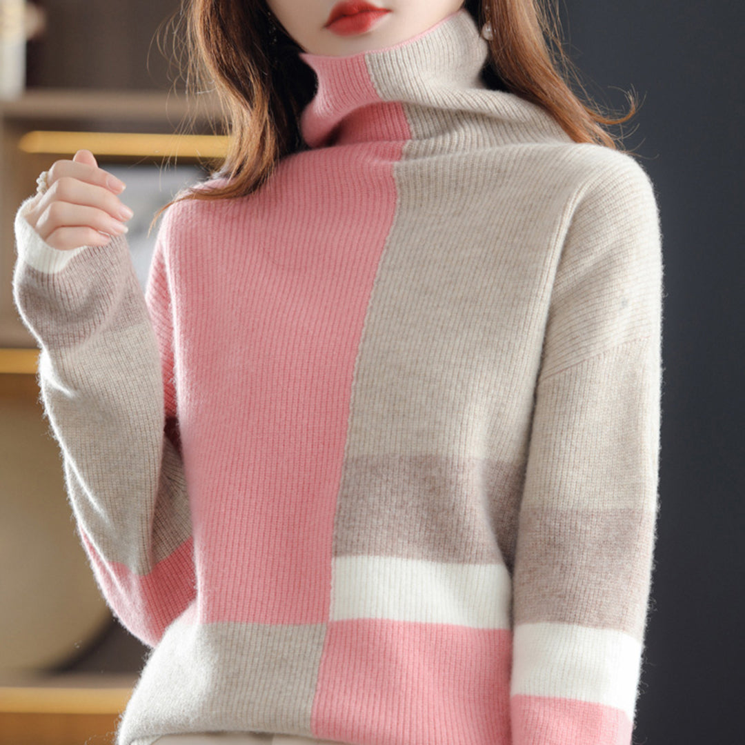 Pull pour femme automne doux colorblock en laine avec col roulé Élina