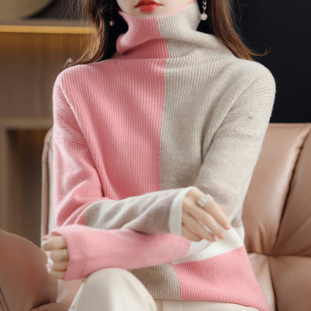 Pull pour femme automne doux colorblock en laine avec col roulé Élina