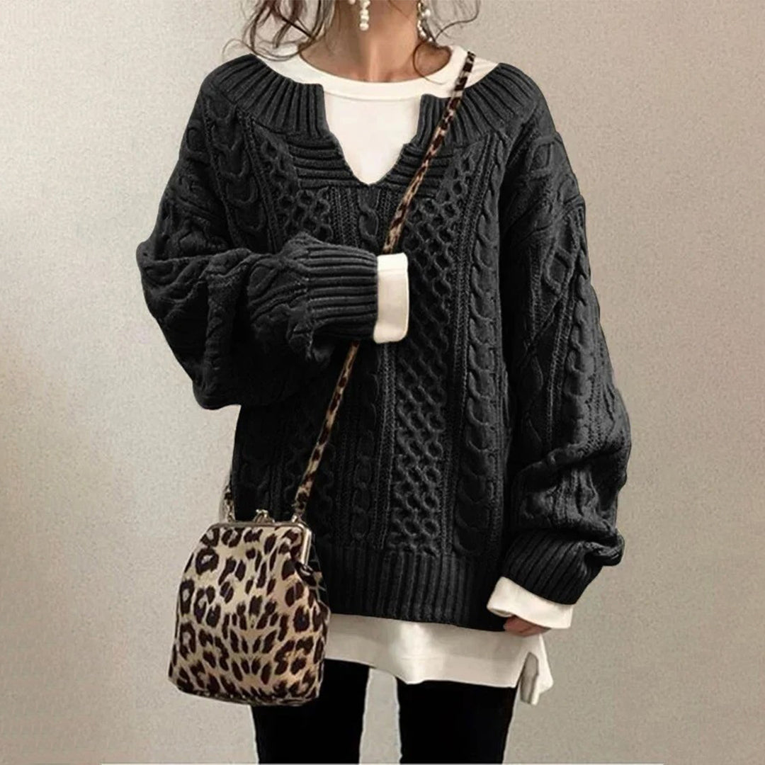 Pull pour femme automne torsadé oversize en coton mélangé avec col rond Noémie