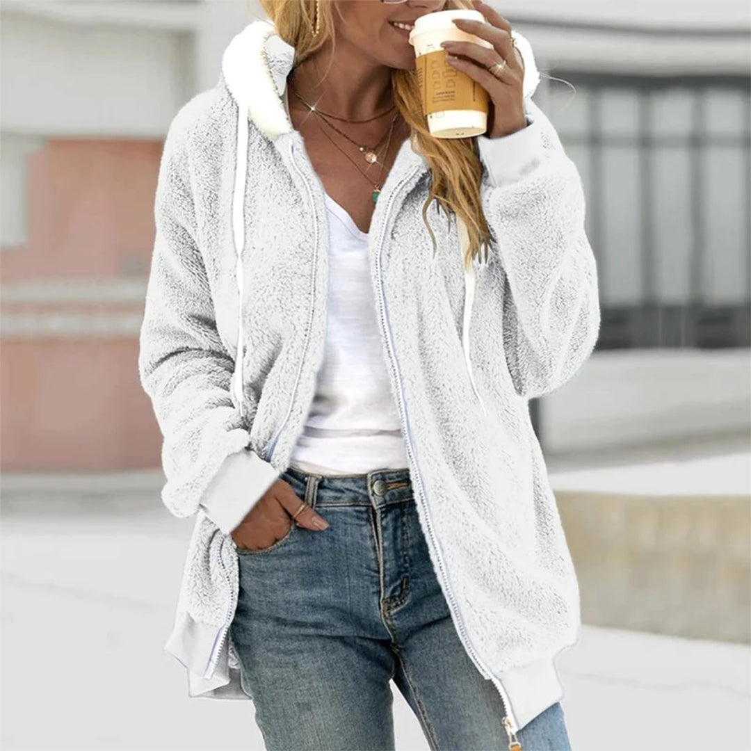 Veste zippée pour femmes automne chaude douce en polaire effet peluche avec capuche Clara