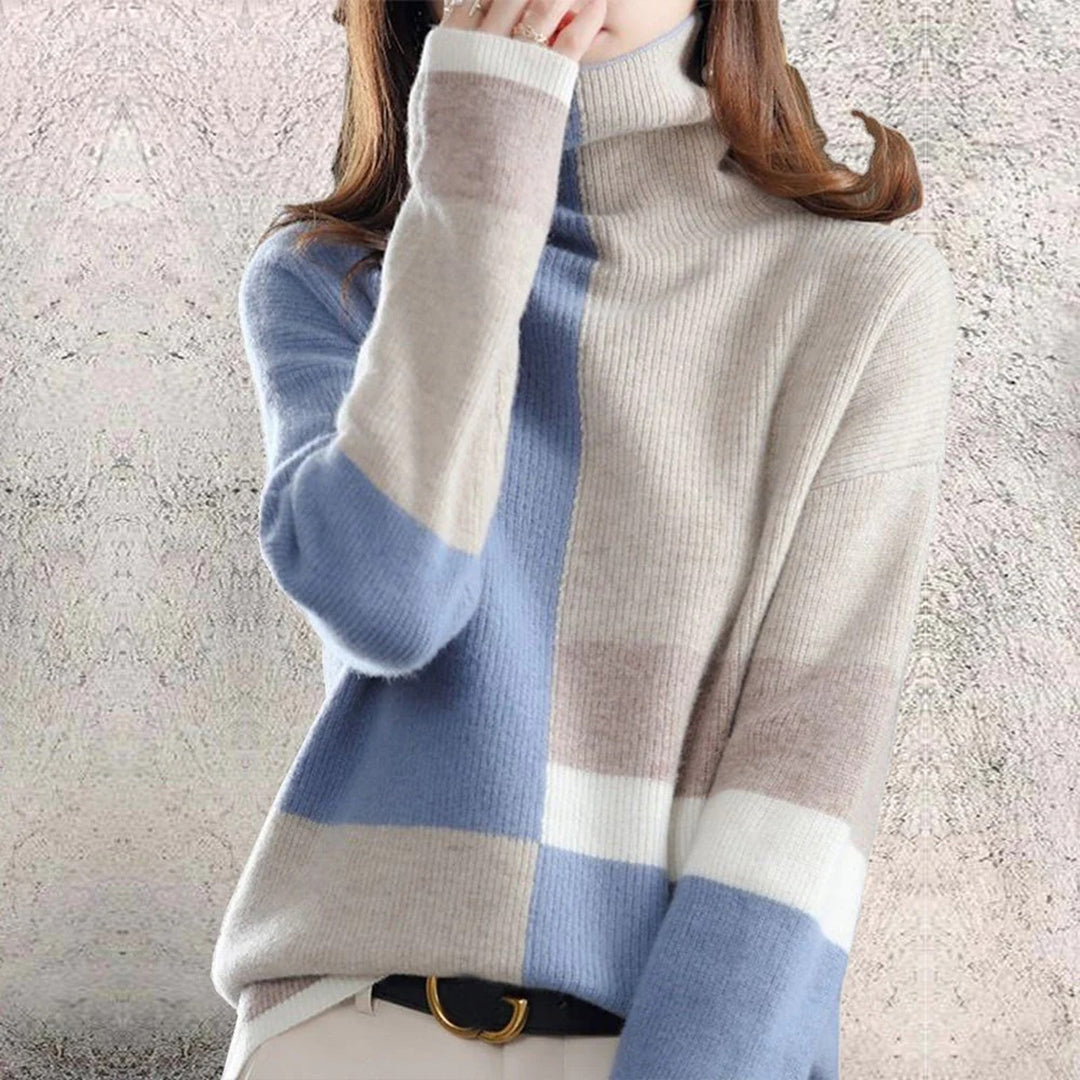 Pull pour femme automne doux colorblock en laine avec col roulé Élina