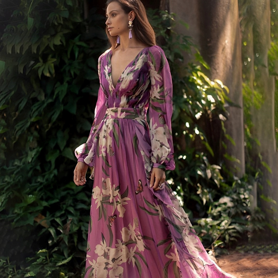 Adélaïde – Robe maxi d'été fleurie à col en V et coupe confortable femme