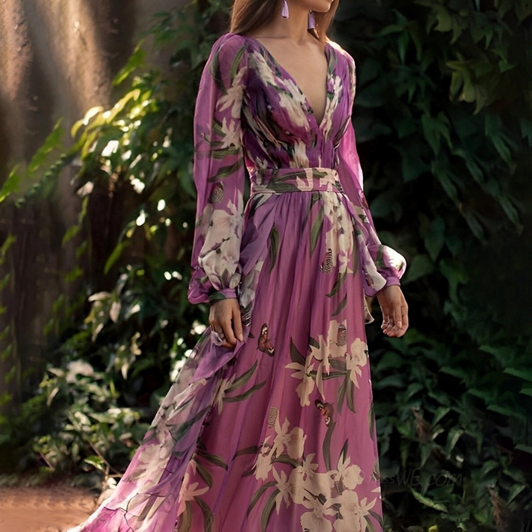 Adélaïde – Robe maxi d'été fleurie à col en V et coupe confortable femme