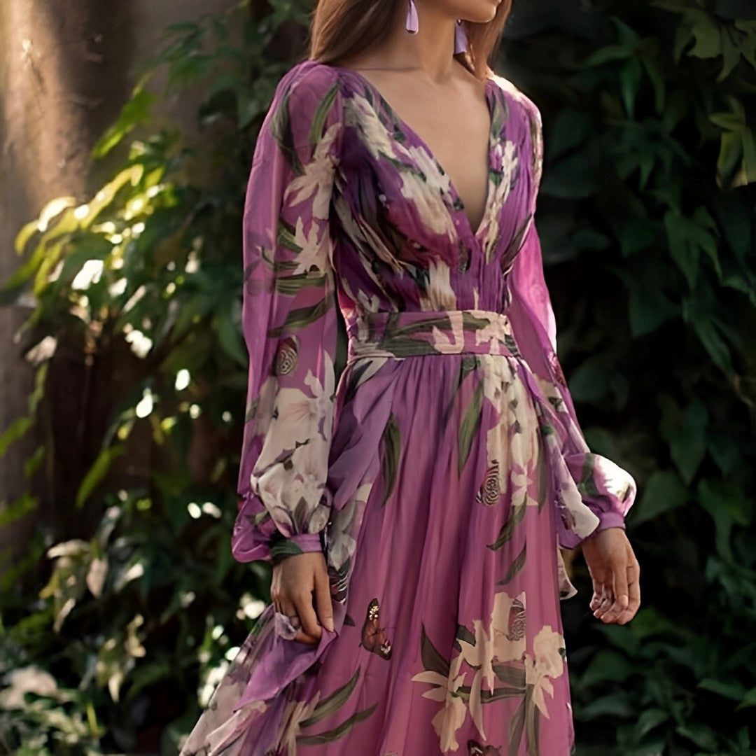 Adélaïde – Robe maxi d'été fleurie à col en V et coupe confortable femme