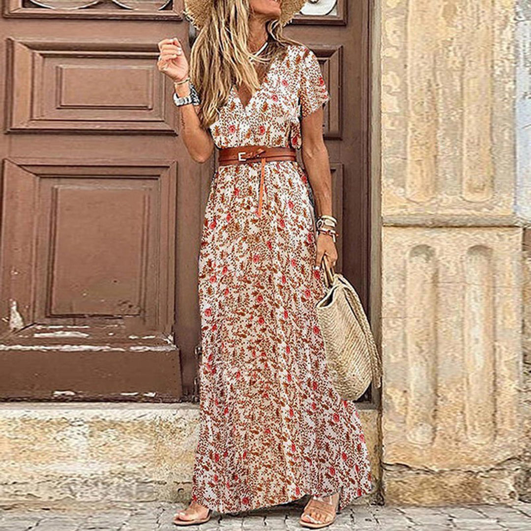 Robe longue à col V avec ceinture – confort souple et charme boho revisité