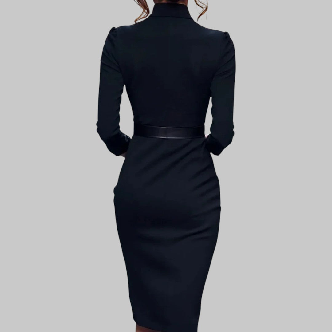 Clara – Robe midi fourreau ceinturée à col raffiné femme