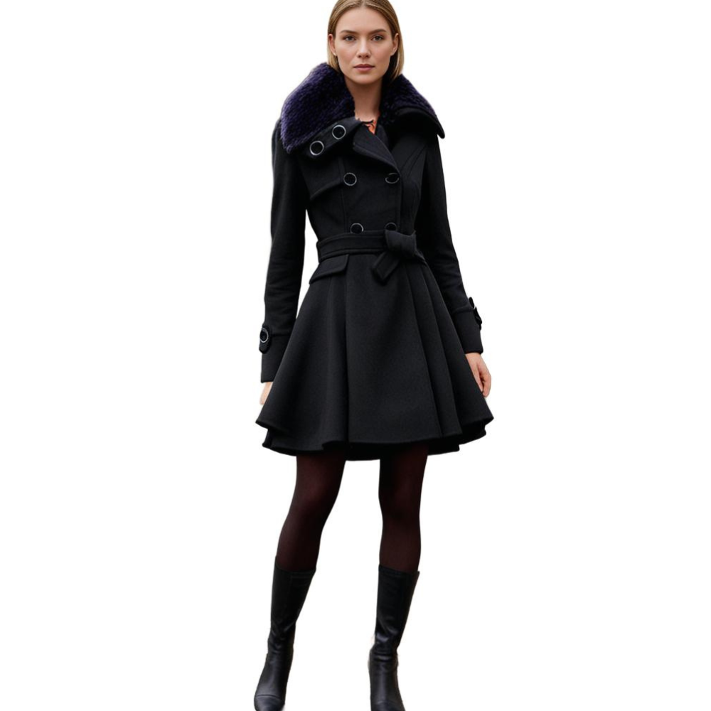 Manteau pour femme hiver élégant évasé double boutonnage en laine avec col en fausse fourrure Aurélie