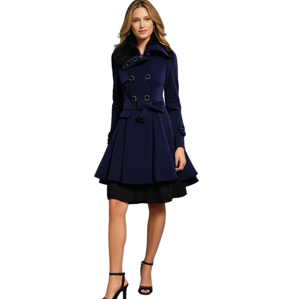 Manteau pour femme hiver élégant évasé double boutonnage en laine avec col en fausse fourrure Aurélie