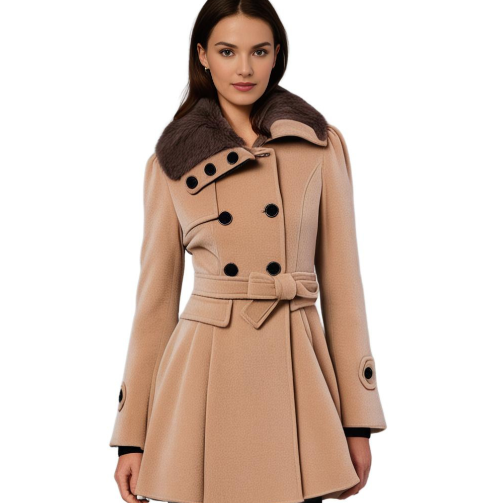 Manteau pour femme hiver élégant évasé double boutonnage en laine avec col en fausse fourrure Aurélie