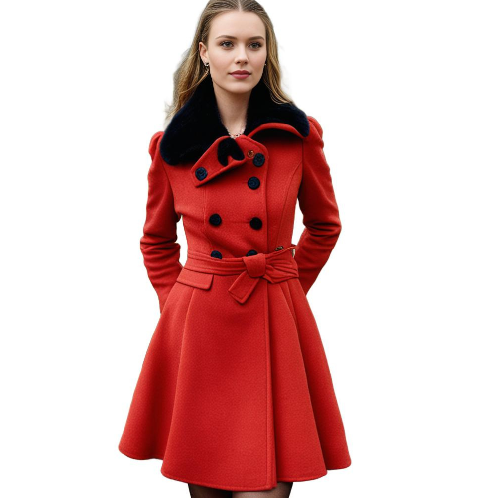 Manteau pour femme hiver élégant évasé double boutonnage en laine avec col en fausse fourrure Aurélie