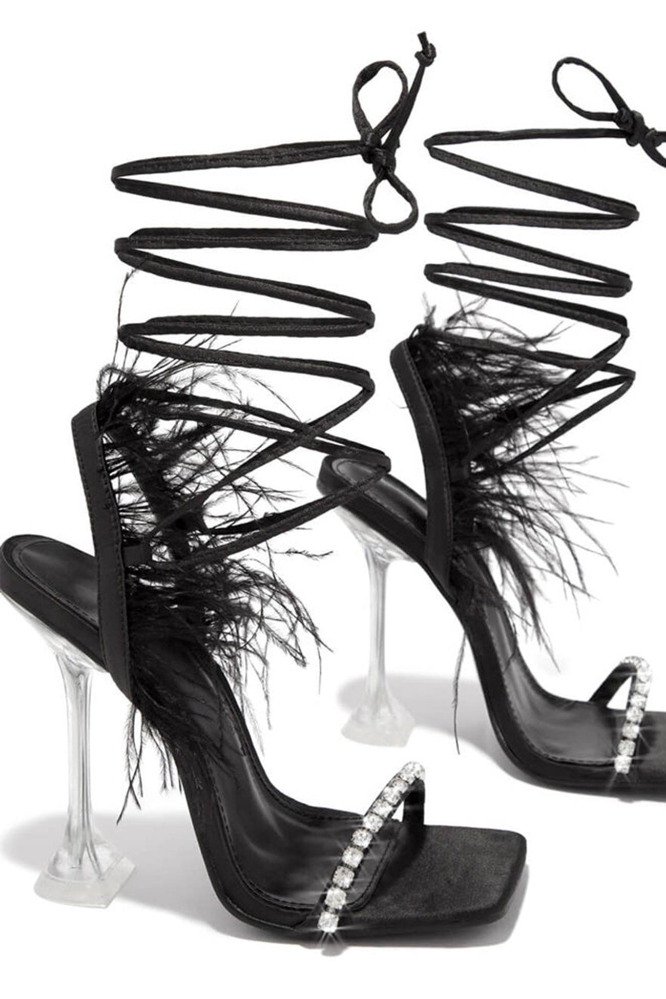 Isaure – Sandales à Talons Hauts avec Plumes, Strass et Lacets