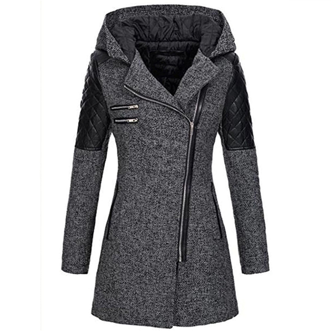 Manteau pour femme hiver long chaud avec capuche style biker en tissu épais zippé Élise