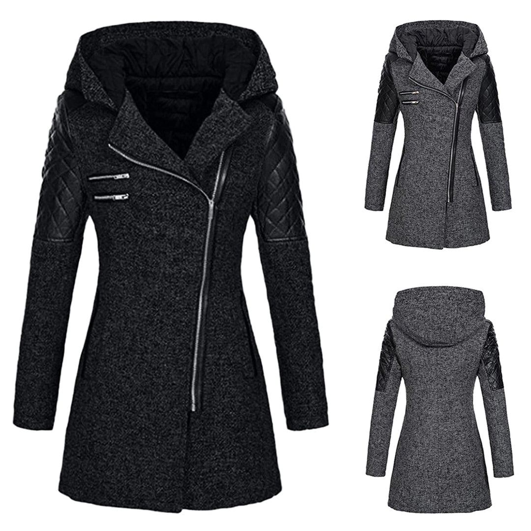 Manteau pour femme hiver long chaud avec capuche style biker en tissu épais zippé Élise