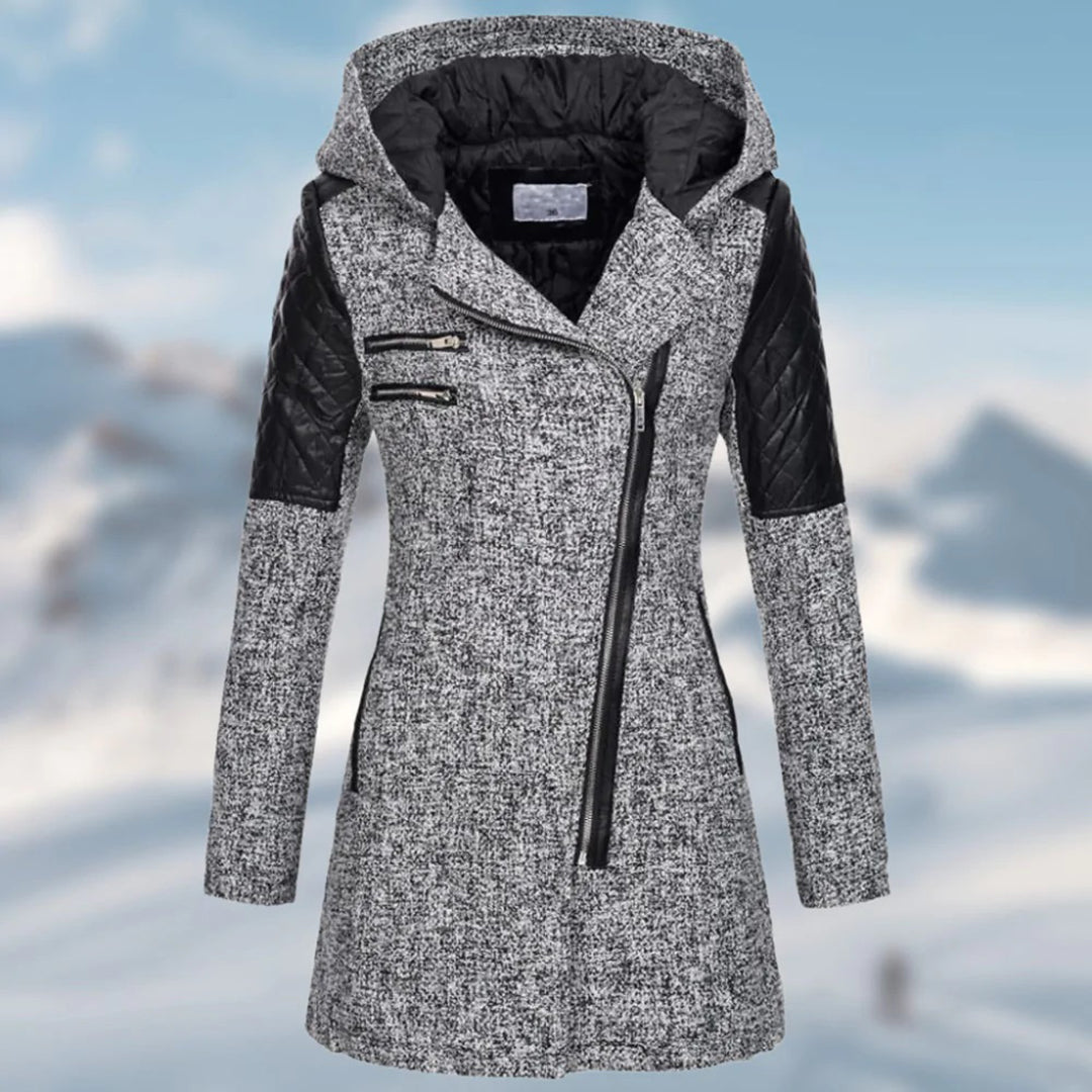 Manteau pour femme hiver long chaud avec capuche style biker en tissu épais zippé Élise