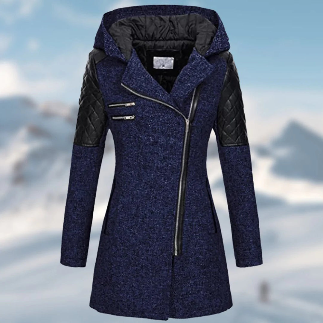 Manteau pour femme hiver long chaud avec capuche style biker en tissu épais zippé Élise