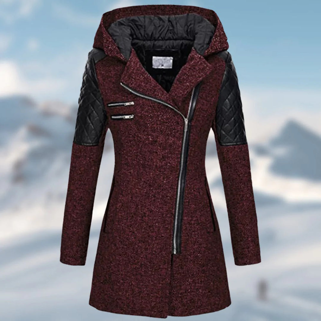 Manteau pour femme hiver long chaud avec capuche style biker en tissu épais zippé Élise