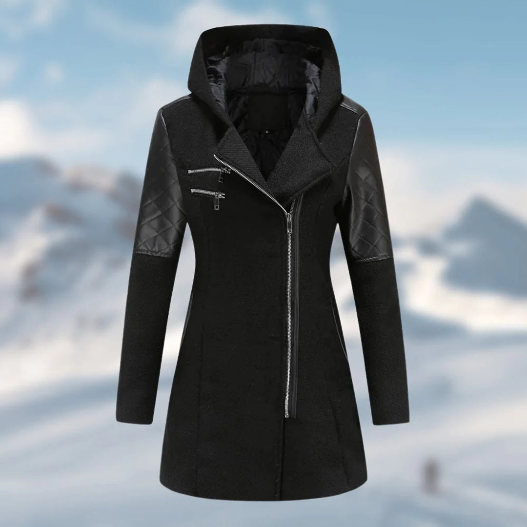 Manteau pour femme hiver long chaud avec capuche style biker en tissu épais zippé Élise