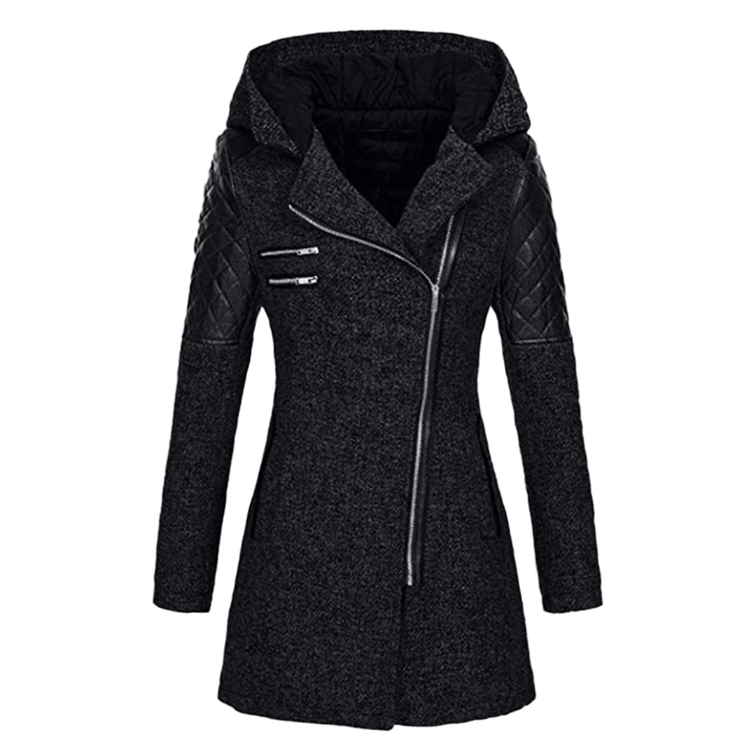 Manteau pour femme hiver long chaud avec capuche style biker en tissu épais zippé Élise