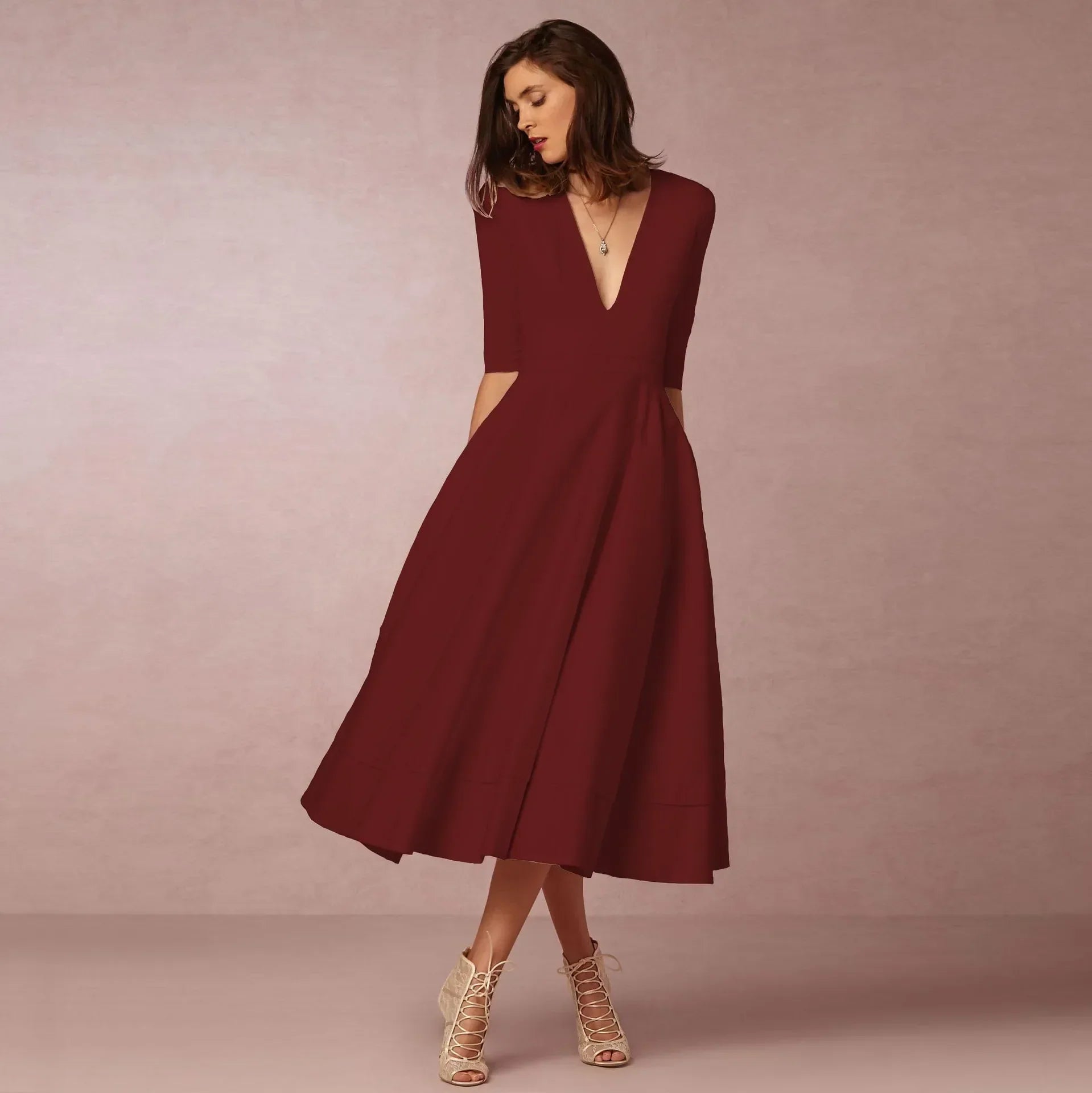 Constance – Robe midi d'été à col en V et manches au coude femme