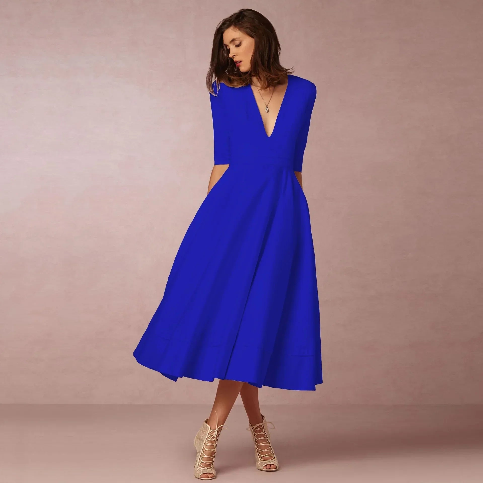 Constance – Robe midi d'été à col en V et manches au coude femme