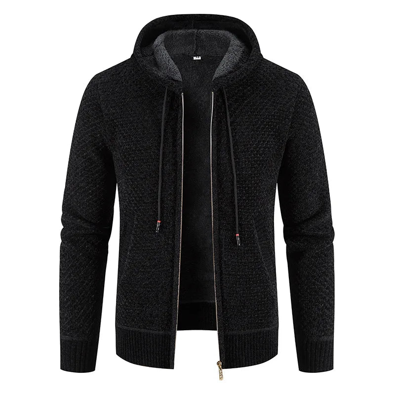 Veste zippée en maille pour homme automne chaude doublée en polaire avec capuche intégrée Noé