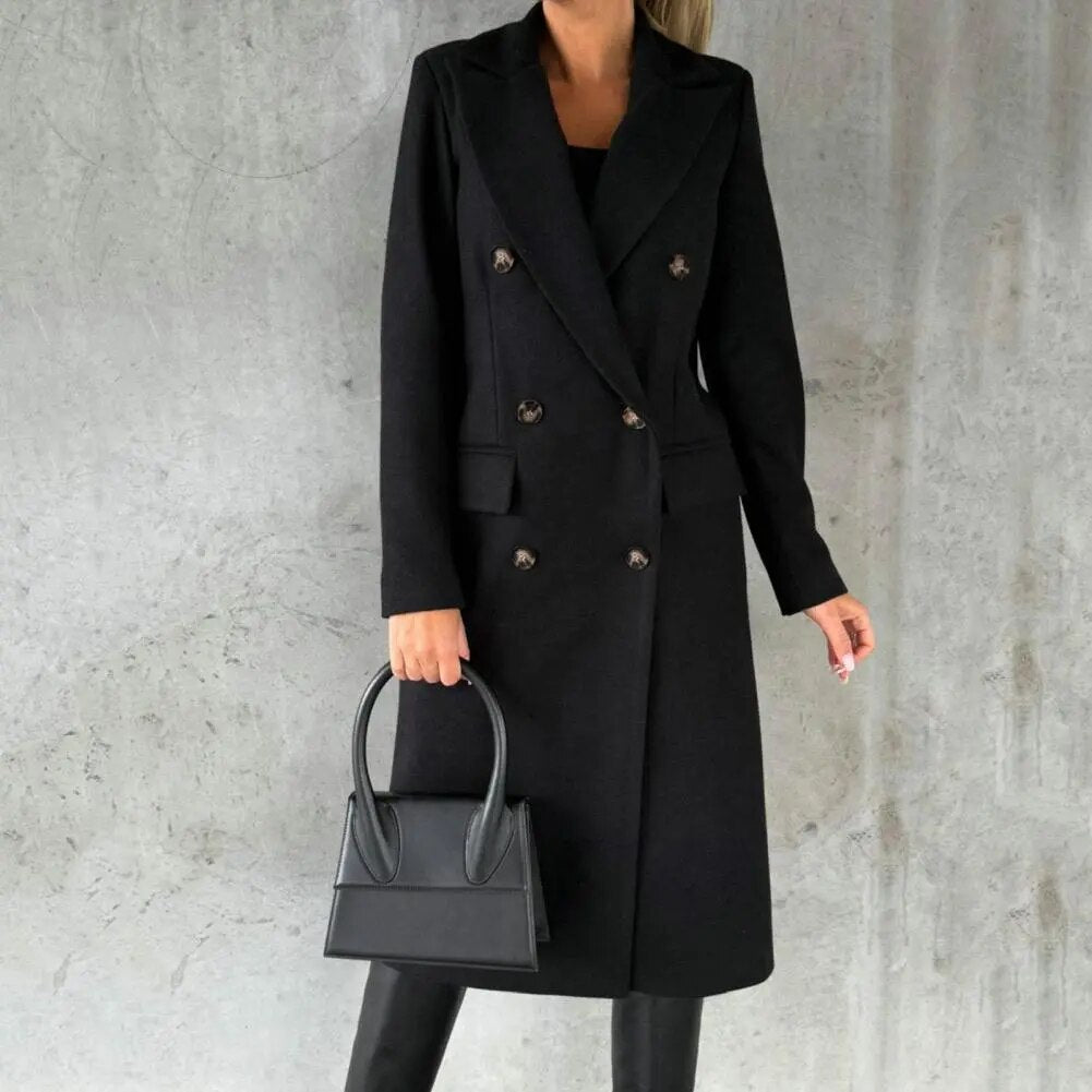 Manteau long pour femme automne élégant chaud en laine mélangée à double boutonnage Isaline