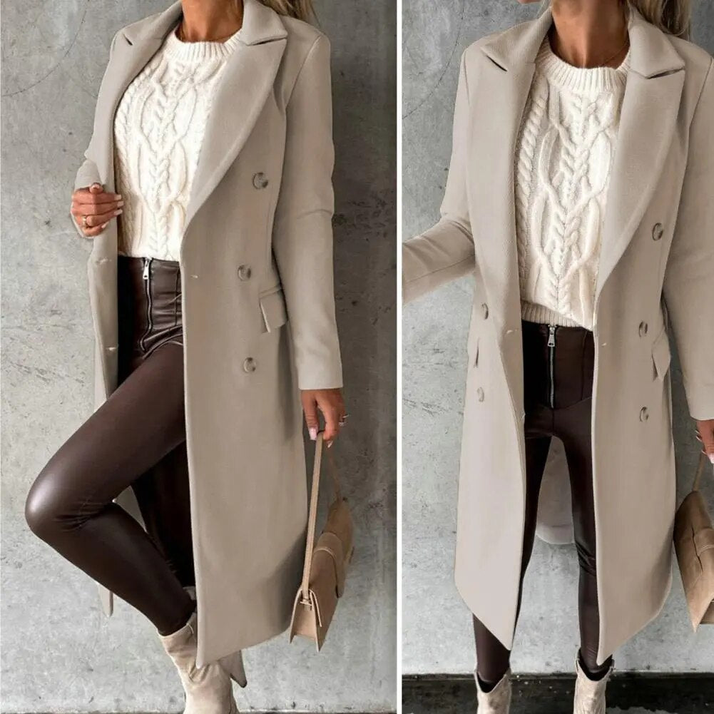 Manteau long pour femme automne élégant chaud en laine mélangée à double boutonnage Isaline