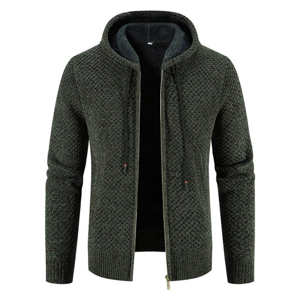 Veste zippée en maille pour homme automne chaude doublée en polaire avec capuche intégrée Noé