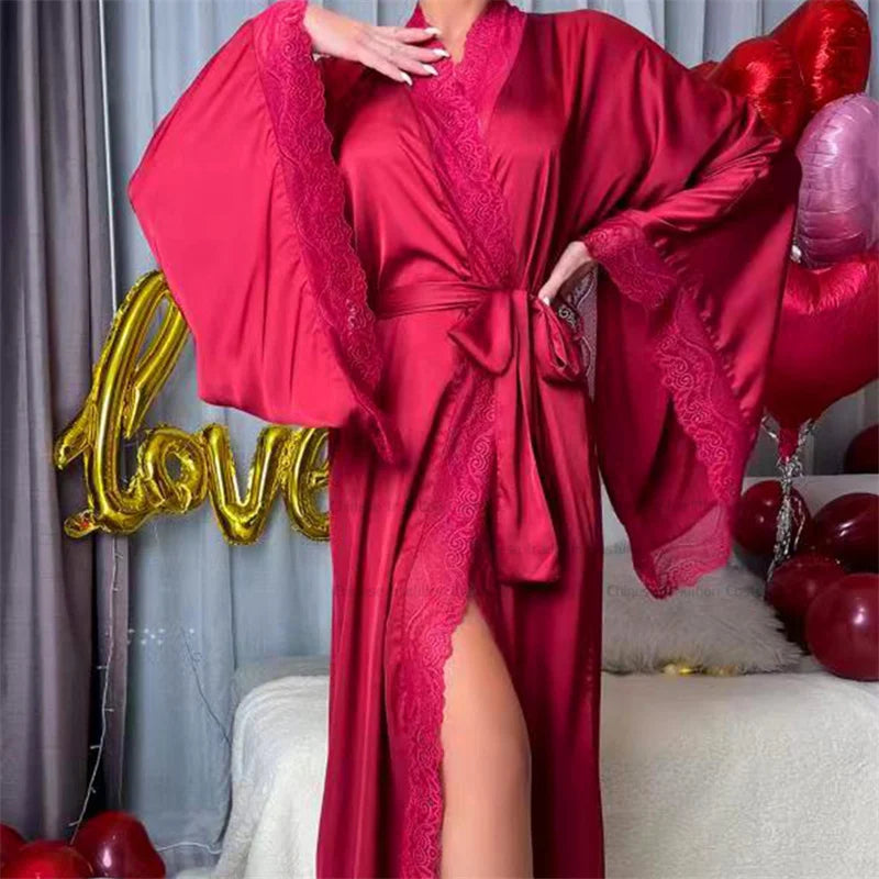 Isabelle – Kimono long en dentelle avec ceinture et manches larges femme
