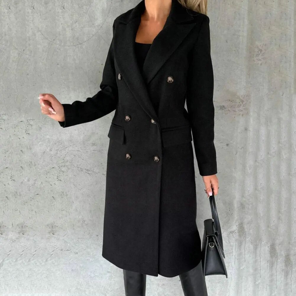 Manteau long pour femme automne élégant chaud en laine mélangée à double boutonnage Isaline