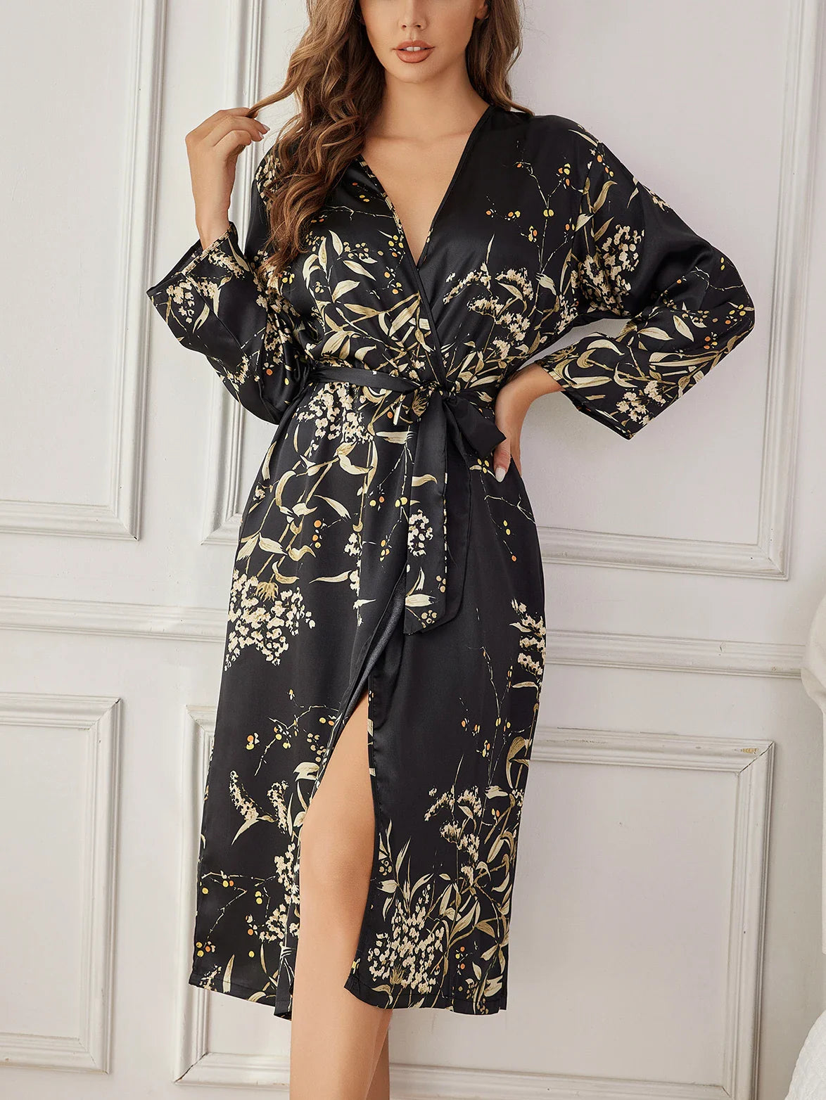 Aurélie – Peignoir à imprimé floral avec ceinture et manches longues femme