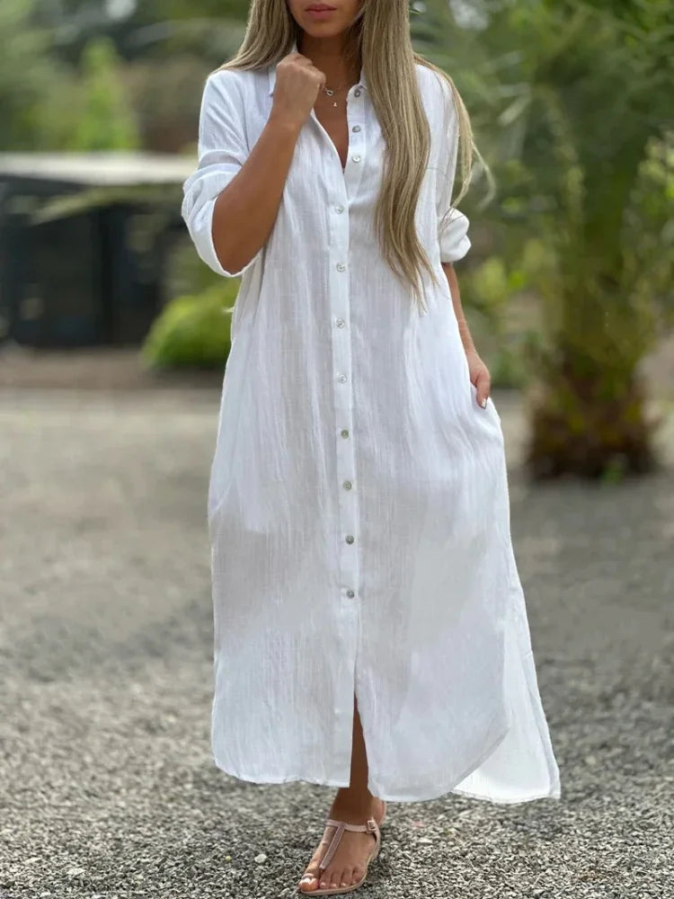 Robe chemise longue en coton à manches longues