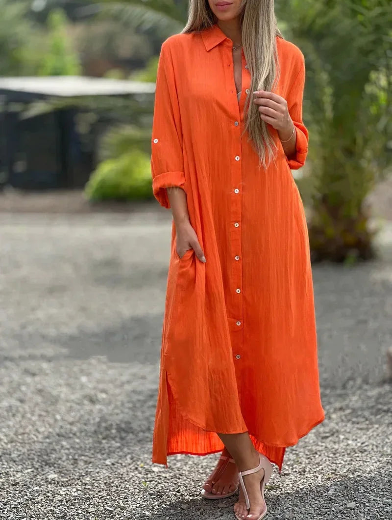 Robe chemise longue en coton à manches longues