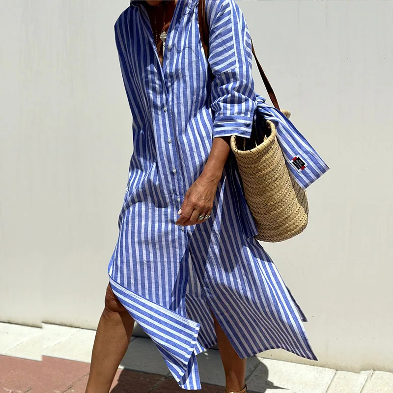 Camille – Robe chemise midi à rayures manches longues femme