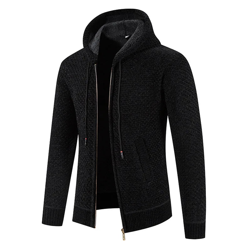 Veste zippée en maille pour homme automne chaude doublée en polaire avec capuche intégrée Noé
