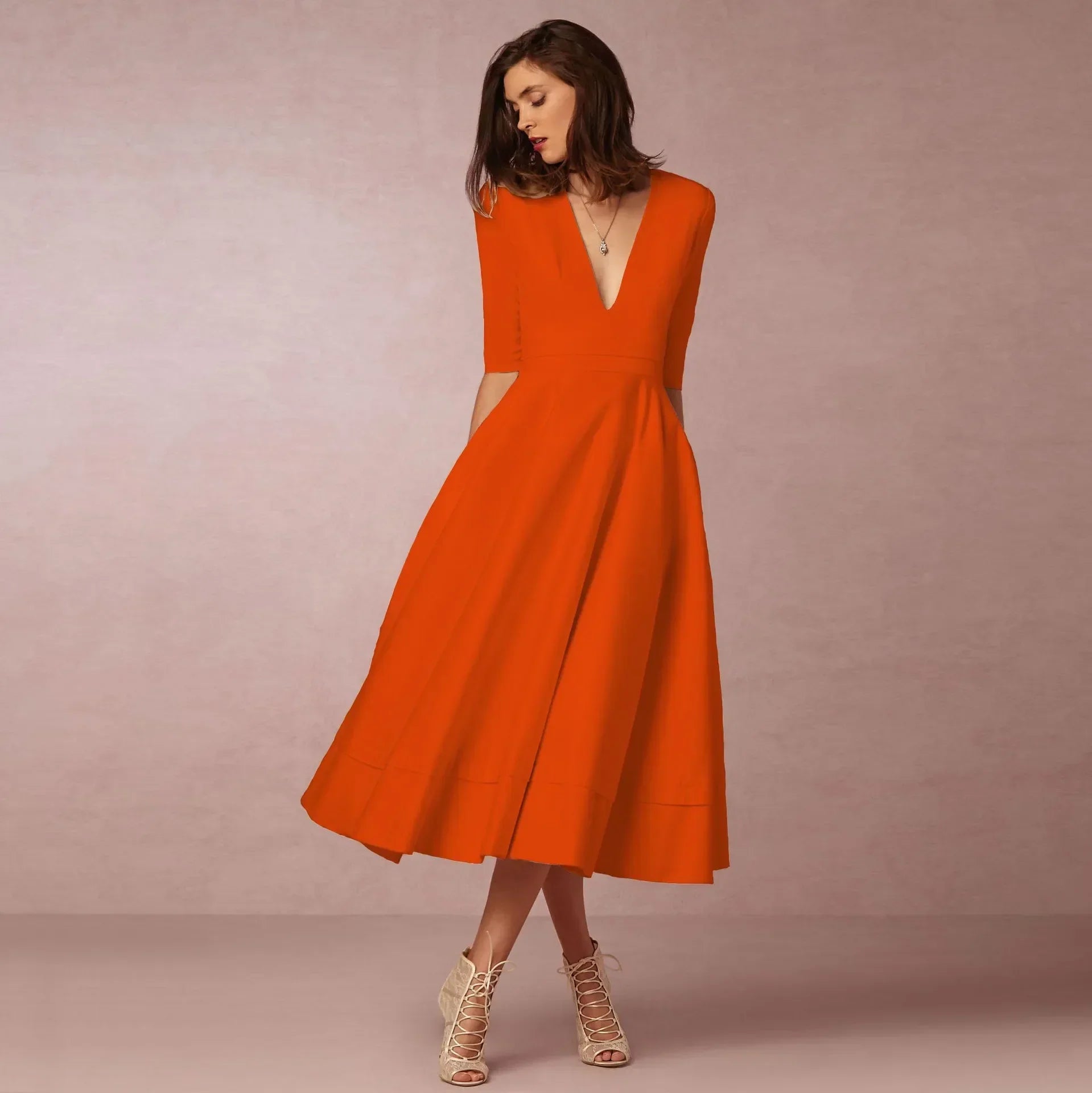 Constance – Robe midi d'été à col en V et manches au coude femme