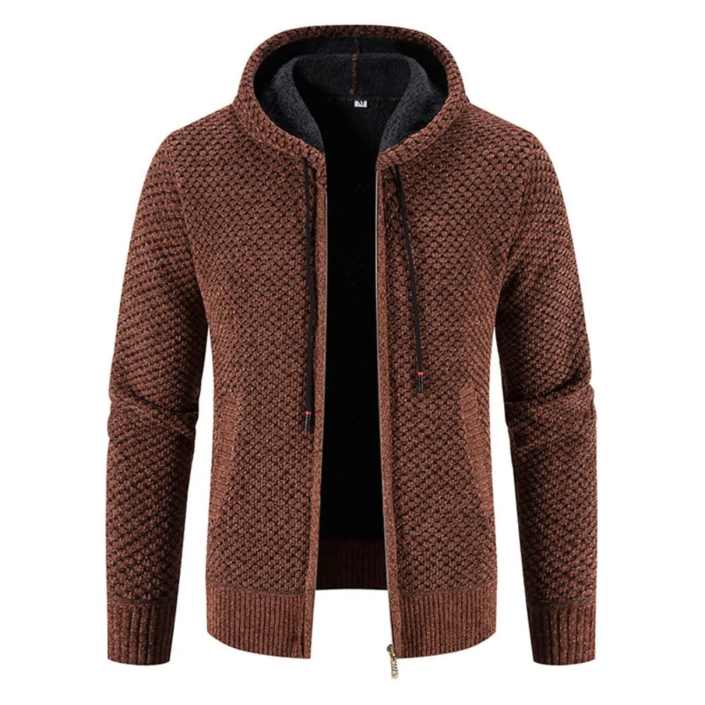 Veste zippée en maille pour homme automne chaude doublée en polaire avec capuche intégrée Noé